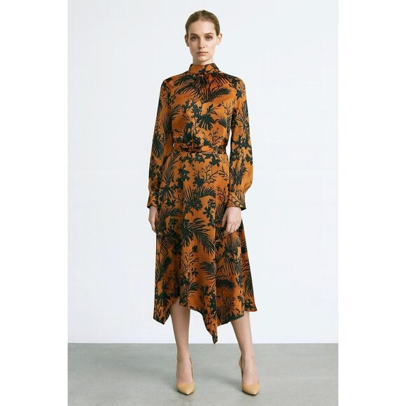 Future Collective Satin Mock Neck Midi Dress XL Brown Tropical Print Retro - Picture 1 of 11